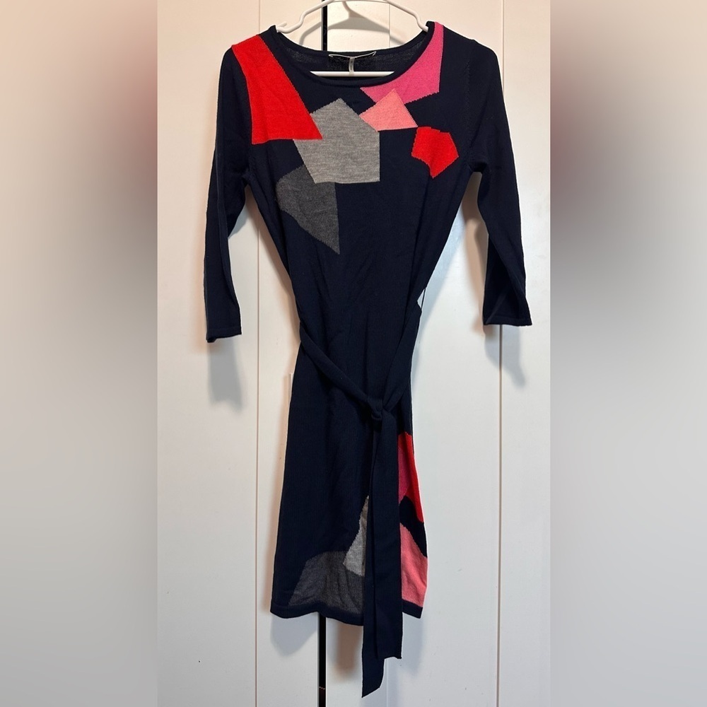 Trina Turk Merino Wool Geometric Patterned Navy Blue Belted Dress Size S